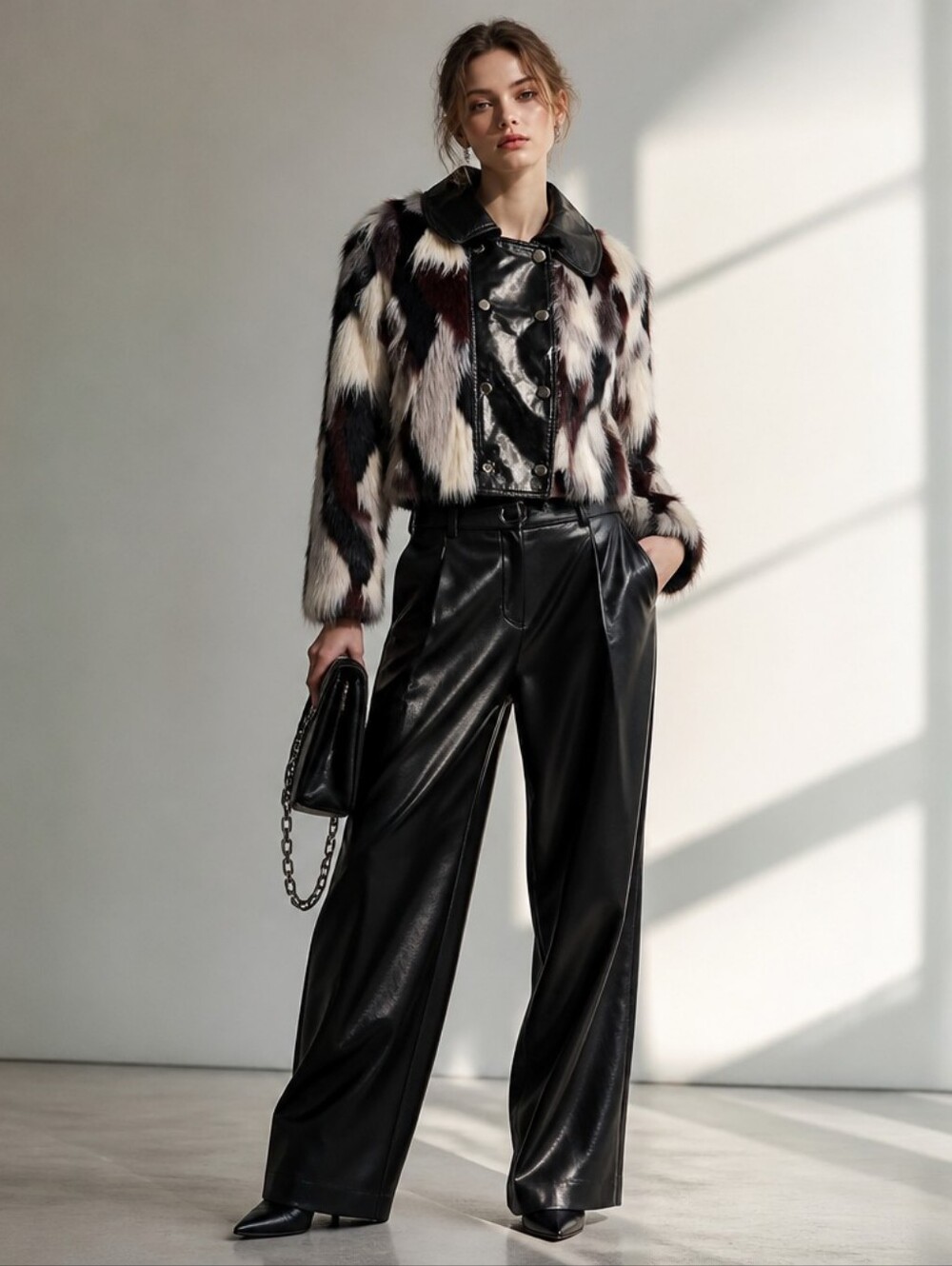 Venus Black Gray Faux Rabbit Fur Jacket Sz Small Patent Leather Indie Sleaze